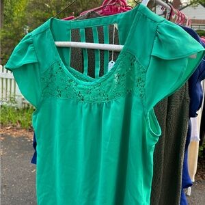 Skies Are Blue Green Ruffled Cap Sleeve Blouse
